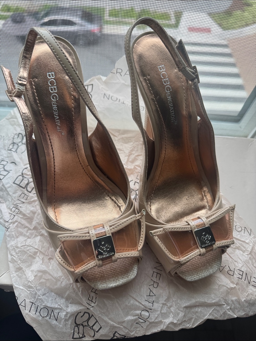 BCBGeneration Champagne Beige Slingback Peep-Toe Heels